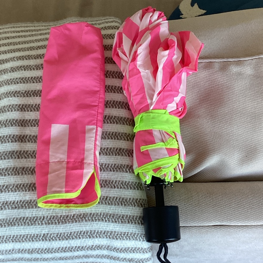 Pink Striped Compact Umbrella with Neon Trim by Victoria’s Secret